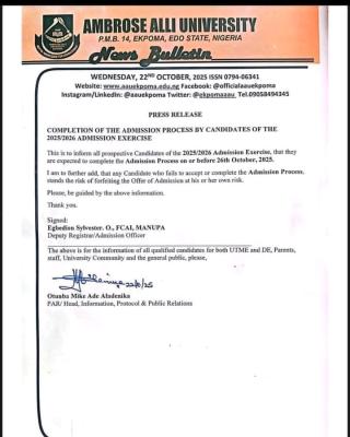 AAU notice to newly admitted students on deadline for completion of admission process