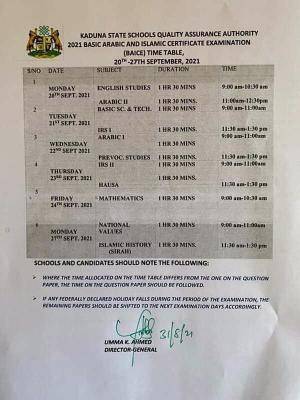 KDSG Basic Arabic and Islamic Certificate Examination Timetable 