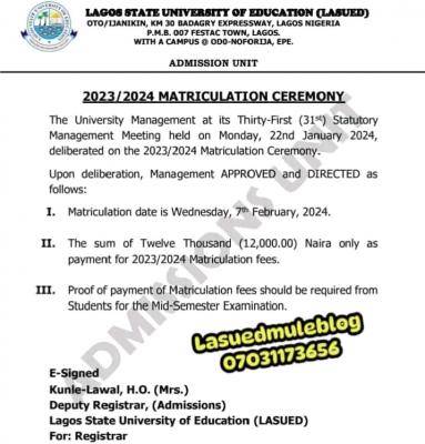 LASUED notice of Matriculation ceremony for 2023/2024 session