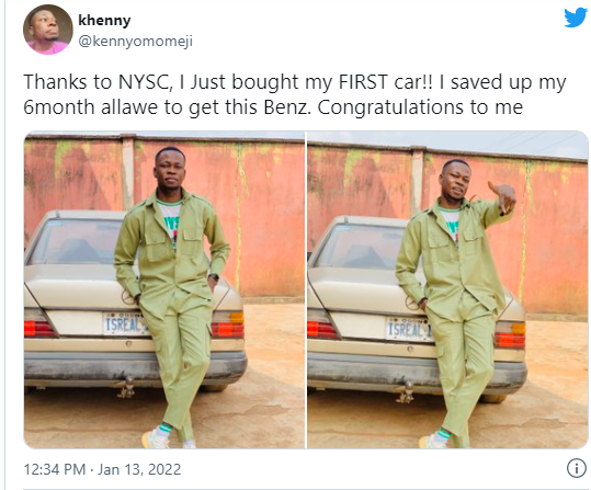 Corps member poses with the car he bought with is NYSC ''alawee''