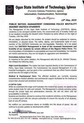 OGITECH management condemns Police brutality against students, calls for justice