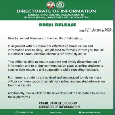 UNIUYO Faculty of Education notice official communication channels for students