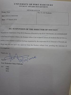 UNIPORT suspends SUG Director of Socials