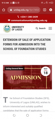 UNILAG extends sales of foundation admission form for 2020/2021 session