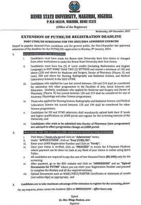 BSU notice on extension of Post UTME/DE deadline, 2023/2024