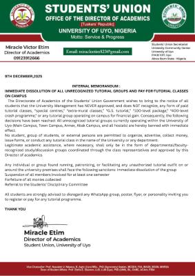UNIUYO SUG announces ban of unrecognized Tutorial groups