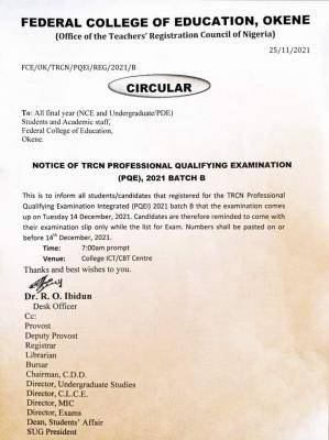 FCE, Okene notice on batch B TRCN Professional Qualifying Examination