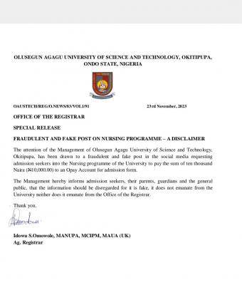 OAUSTECH disclaimer notice on fake post regarding Nursing programme