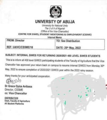 UNIABUJA Important notice to 400L SIWES students on resumption