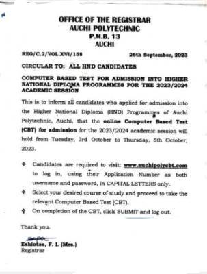 AUCHI POLY announces computer based test for admission into HND, 2023/2024