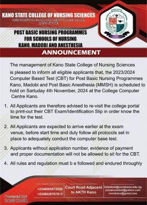 Kano State College of Nursing & Midwifery notice to Post Basic Nursing applicants