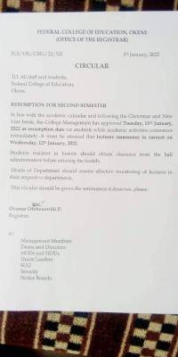 FCE, Okene resumption of academic activities for 2nd semester