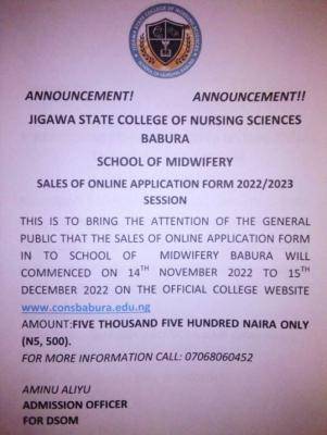 Jigawa State College of Nursing School of Midwifery admission