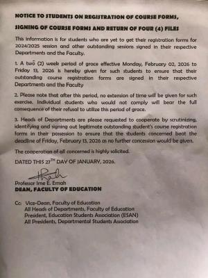 UNIUYO Faculty of Education notice to students on final deadline for course registration