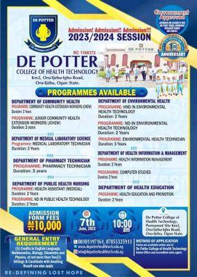 De Potter College Of Health Technology Releases 2023/2024 Admission Form