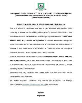 KSUSTA notice to 2026 UTME/DE Prospective Candidates
