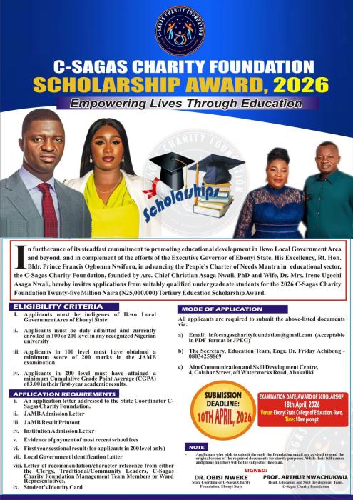 C-Sagas Charity Foundation opens applications for ₦25 Million 2026 Scholarship Award