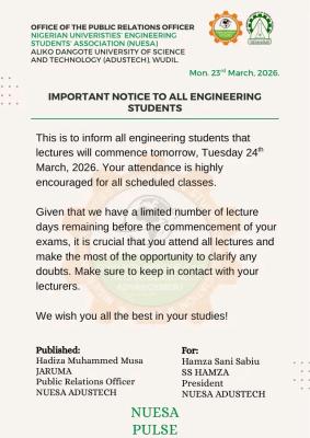 ADUSTECH Engineering Students Association notice to students