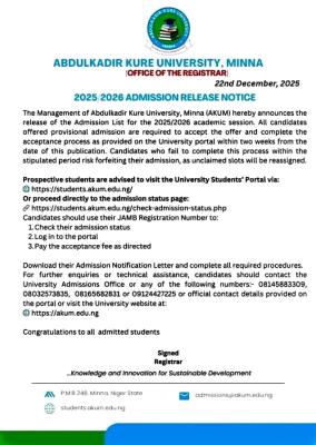 Abdulkadir Kure University, Minna releases 2025/2026 Admission List