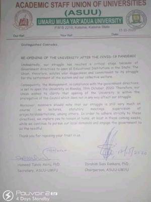 ASUU UMYU notice on reopening of the institution