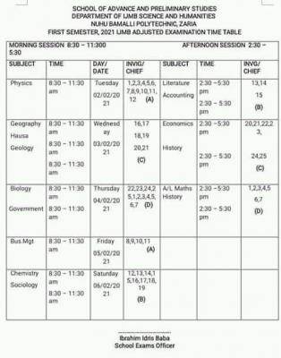 NUBAPOLY IJMB 1st semester exam time-table, 2021