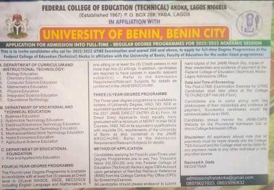 FCET Akoka (In Affiliation With UNIBEN) degree admission, 2022/2023 announced
