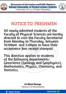 UNIUYO Physical Sciences Association notice to new students