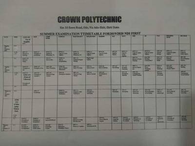Crown Polytechnic summer examination 2019/2020 session