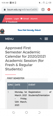 BSU academic calendar for 2020/2021 session