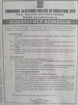 Emmanuel Alayande COE, Oyo NCE Admission for 2020/2021 session