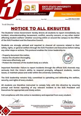 EKSU SUG notice to all students