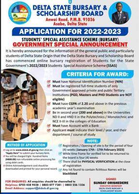 Delta State Bursary and Scholarship Award application form, 2022/2023