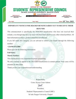 SAZU Students Council notice to 2024/2025 NELFUND beneficiaries yet to get refunds