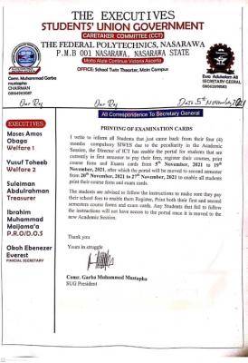 Federal Poly Nasarawa SUG notice on printing of exam cards