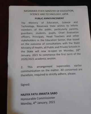 Nasarawa state ministry of education notice on school reopening