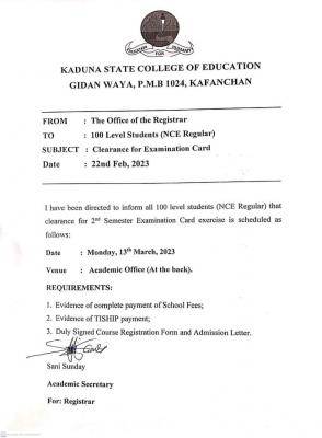 Kaduna State COE Notice to 100L students on clearance for exam cards