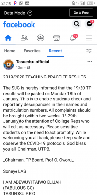 TASUED notice on teaching practice result for 2019/2020 session