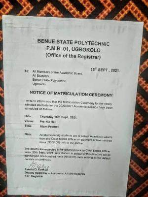 BENPOLY notice on matriculation ceremony, 2020/2021