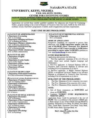 NSUK part-time admission form for 2020/2021 session
