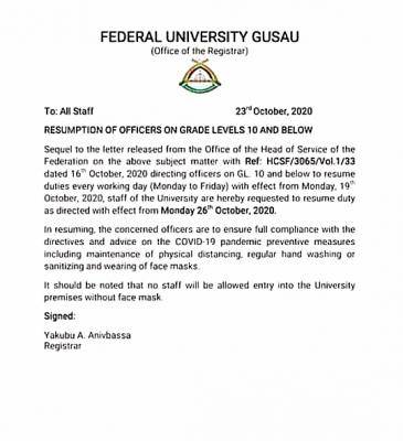 FUGUS directs Officers all Grade Level 10 officers and below to resume