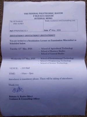 Fed Poly Bauchi notice on mandatory sensitization exercise on examination misconduct