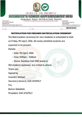 ATAPOLY SUG notice on matriculation ceremony for freshers
