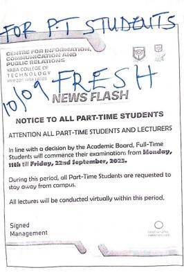 YABATECH notice to all part time students