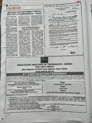OGITECH notice to graduands on collection of Gown