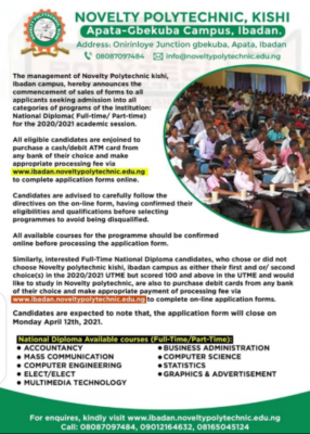 Novelty Polytechnic ND (Full-time/Part-time) admission forms, 2010/2021