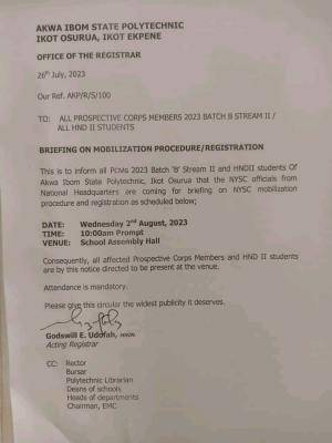 Akwa Ibom Poly notice to all prospective corps members Batch B stream II