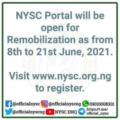 NYSC to re-open portal for remobilization June 8th