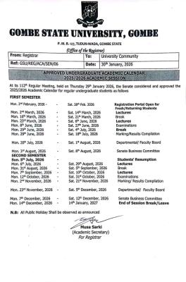 GOMSU approved academic calendar, 2025/2026