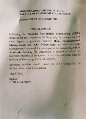 MAUTECH notice on inter-departmental transfer to new programmes in Faculty of Environmental Sciences