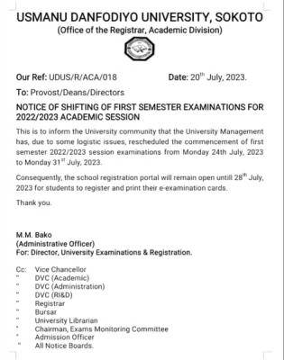 UDUS postpones first semester examination, 2022/2023 session